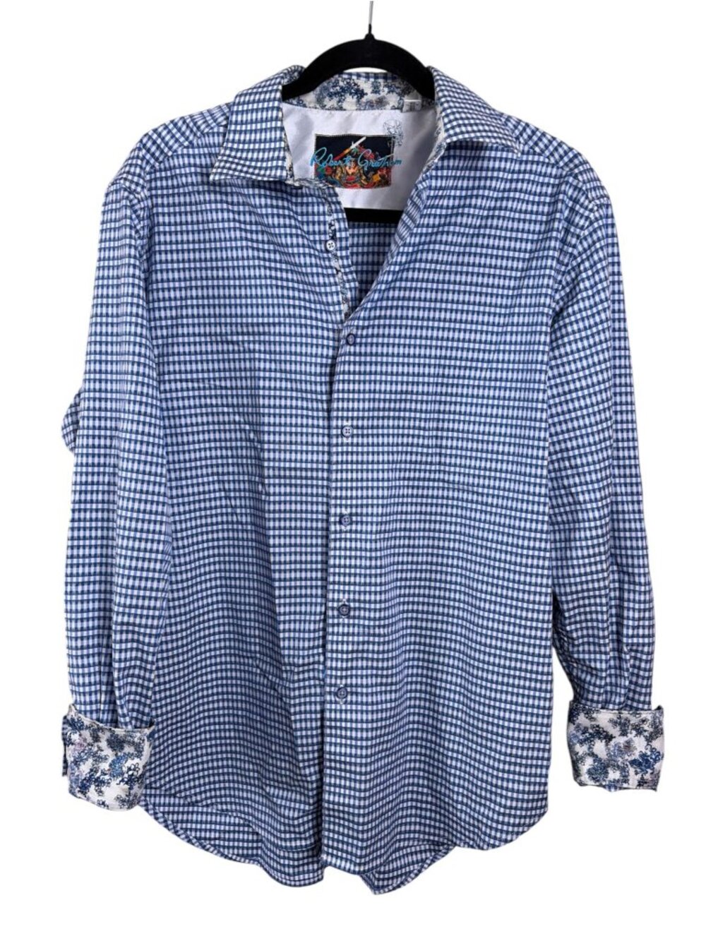 Robert Graham Men's Long Sleeve Button Up Blue White Check Floral Flip Cuffs M